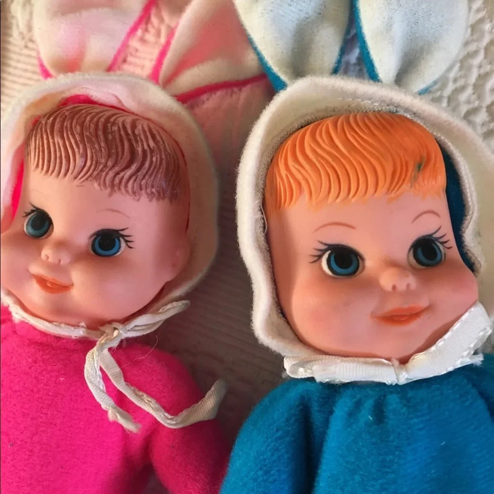 Vintage 1960 1970 Easter Baby Dolls Bunny Rabbit Twins Boy Girl Hong Kong